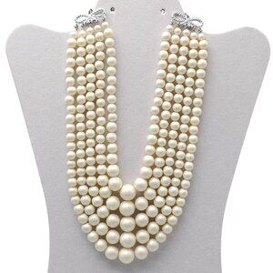 Vintage Multi-Strand Faux Pearl Necklace With Silver-Tone Bow Clasps Japan